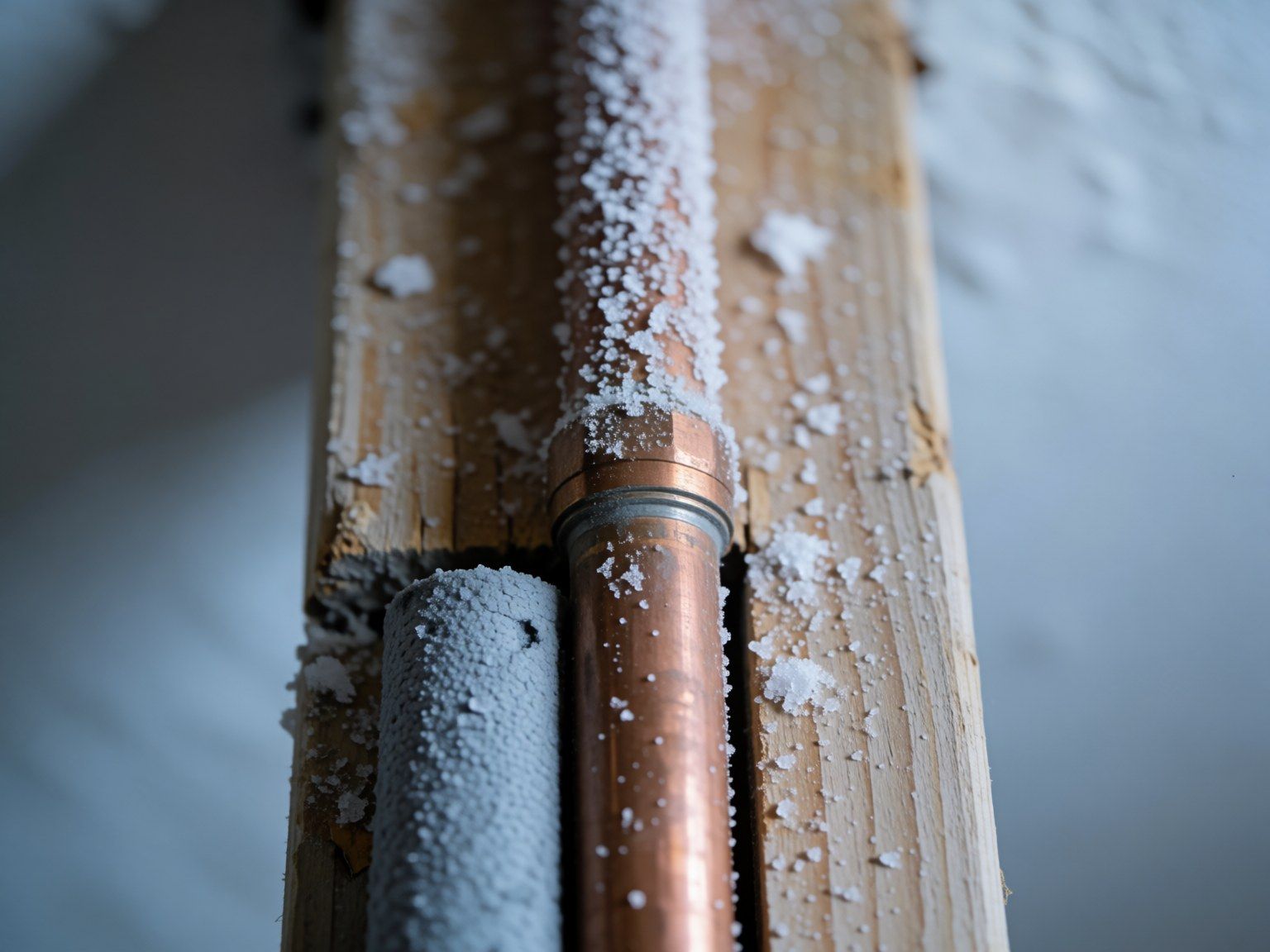 A copper pipe along a timber joist in a cold attic, coated in white frost beside a length of foam lagging.