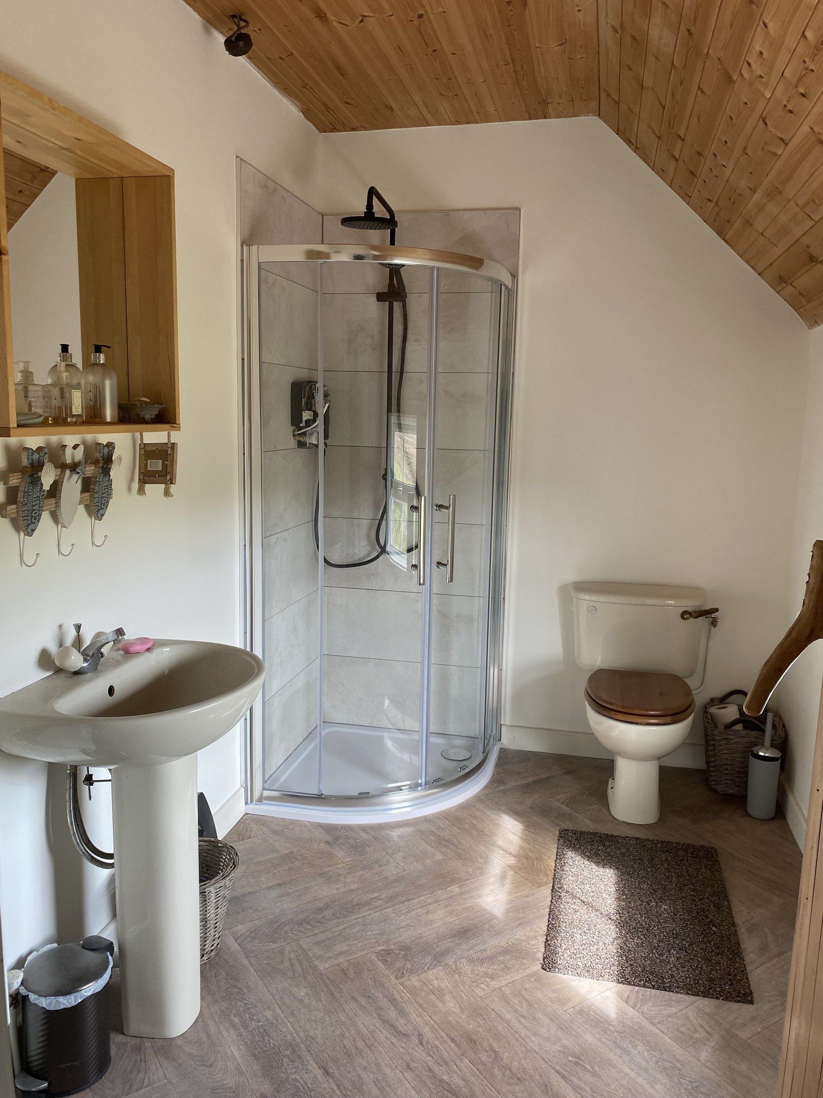 A curved corner shower with a black rainfall head under a sloped timber ceiling, beside a pedestal basin and a toilet.