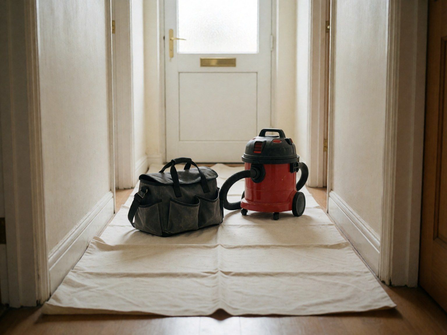 A dust sheet laid flat along a hallway floor, with a closed tool bag on it and a small vacuum cleaner standing ready.